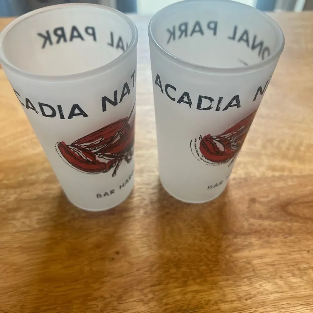 Acadia National Park Frosted Glass Set. Pair of two bar Harbor Maine Lobster bar
